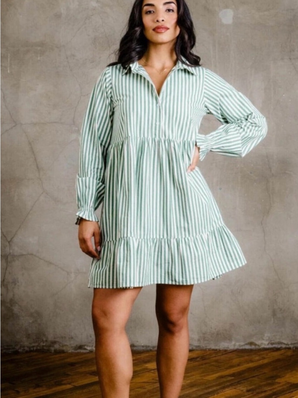 ✨ NWT‎ ABLE Aleesha Green & White Striped Tiered Swing Shirt Dress Size Small